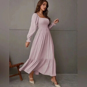 Square Neck Flounce Shirred Ruffle Hem Elegant Long Sleeve Maxi Dress